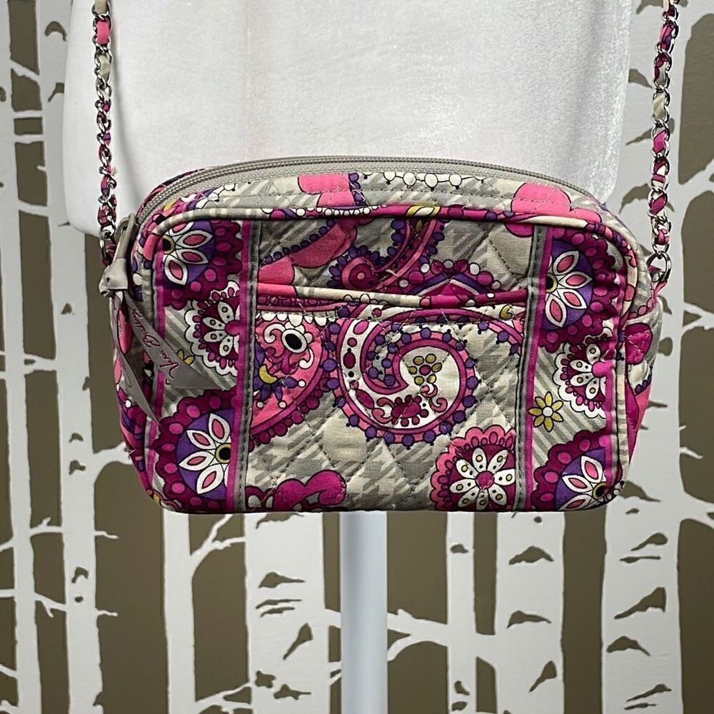 Vera Bradley Pink Paisley Floral Houndstooth Print Quilted Chain Strap Crossbody